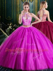 Amazing Halter Top Sleeveless Tulle Floor Length Lace Up Quinceanera Gowns in Fuchsia with Beading and Lace and Appliques