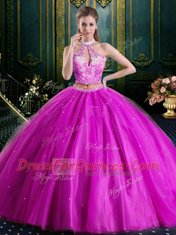Amazing Halter Top Sleeveless Tulle Floor Length Lace Up Quinceanera Gowns in Fuchsia with Beading and Lace and Appliques