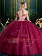 Amazing Halter Top Sleeveless Tulle Floor Length Lace Up Quinceanera Gowns in Fuchsia with Beading and Lace and Appliques