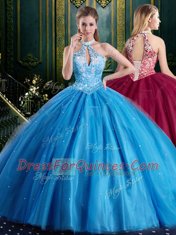 Trendy Halter Top Baby Blue Tulle Lace Up Quinceanera Dresses Sleeveless Floor Length Beading and Lace and Appliques