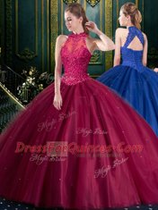 Burgundy Lace Up High-neck Appliques Quinceanera Gowns Tulle Sleeveless