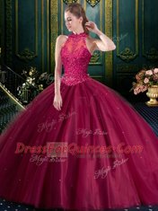 Burgundy Lace Up High-neck Appliques Quinceanera Gowns Tulle Sleeveless