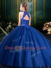 Burgundy Lace Up High-neck Appliques Quinceanera Gowns Tulle Sleeveless