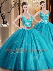Sophisticated Tulle Spaghetti Straps Sleeveless Lace Up Beading and Lace and Appliques Ball Gown Prom Dress in Teal