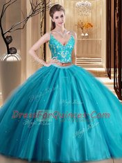 Sophisticated Tulle Spaghetti Straps Sleeveless Lace Up Beading and Lace and Appliques Ball Gown Prom Dress in Teal