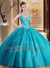 Sophisticated Tulle Spaghetti Straps Sleeveless Lace Up Beading and Lace and Appliques Ball Gown Prom Dress in Teal