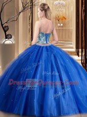 Sophisticated Tulle Spaghetti Straps Sleeveless Lace Up Beading and Lace and Appliques Ball Gown Prom Dress in Teal