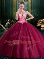 Halter Top Tulle High-neck Sleeveless Lace Up Beading and Lace and Appliques Sweet 16 Dresses in Burgundy