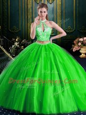 Most Popular Halter Top Floor Length Quinceanera Dresses Tulle Sleeveless Beading and Lace and Appliques
