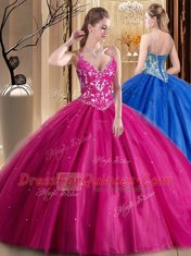 Decent Hot Pink Spaghetti Straps Neckline Beading and Appliques Vestidos de Quinceanera Sleeveless Lace Up