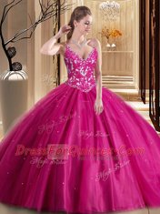 Decent Hot Pink Spaghetti Straps Neckline Beading and Appliques Vestidos de Quinceanera Sleeveless Lace Up