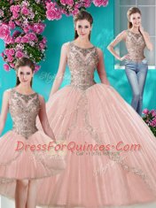 Pretty Three Piece Ball Gowns Quince Ball Gowns Peach Scoop Tulle Sleeveless Floor Length Lace Up