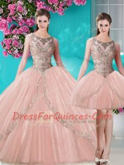 Pretty Three Piece Ball Gowns Quince Ball Gowns Peach Scoop Tulle Sleeveless Floor Length Lace Up