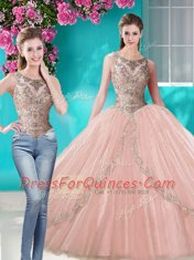 Pretty Three Piece Ball Gowns Quince Ball Gowns Peach Scoop Tulle Sleeveless Floor Length Lace Up