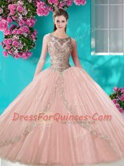Pretty Three Piece Ball Gowns Quince Ball Gowns Peach Scoop Tulle Sleeveless Floor Length Lace Up
