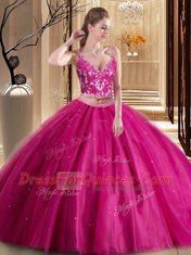 Exceptional Hot Pink Sleeveless Tulle Lace Up 15th Birthday Dress for Military Ball and Sweet 16 and Quinceanera