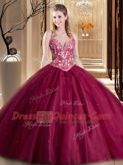 Customized Tulle Spaghetti Straps Sleeveless Lace Up Beading and Lace and Appliques Quince Ball Gowns in Burgundy