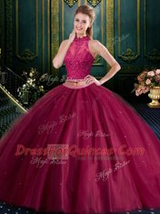 Halter Top Burgundy Two Pieces Tulle High-neck Sleeveless Appliques Floor Length Lace Up Sweet 16 Quinceanera Dress