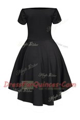 Tea Length A-line Short Sleeves Black Prom Evening Gown Side Zipper