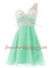 Delicate One Shoulder Sleeveless Dress for Prom Knee Length Beading Apple Green Chiffon