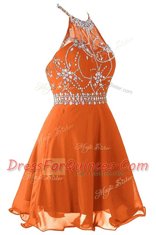 Halter Top Sleeveless Zipper Prom Gown Orange Organza