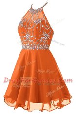 Halter Top Sleeveless Zipper Prom Gown Orange Organza