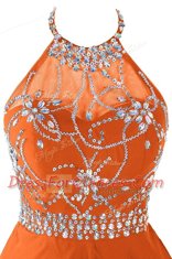 Halter Top Sleeveless Zipper Prom Gown Orange Organza