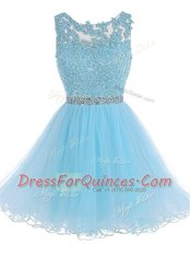 Baby Blue Scoop Zipper Beading and Lace Dress for Prom Sleeveless