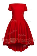 Tea Length Wine Red Prom Gown Satin Short Sleeves Ruching