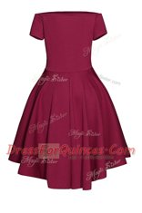 Tea Length Wine Red Prom Gown Satin Short Sleeves Ruching