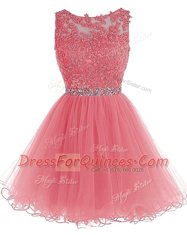 Scoop Sleeveless Chiffon Knee Length Zipper Evening Dress in Watermelon Red with Beading and Lace