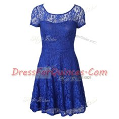 Nice Scoop Tea Length Blue Homecoming Dress Organza Short Sleeves Lace