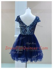 Exquisite Sequins Prom Dress Navy Blue Zipper Cap Sleeves Mini Length