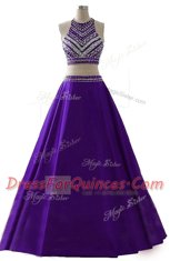 Wonderful Scoop Sleeveless Chiffon Floor Length Zipper Prom Dresses in Purple with Beading