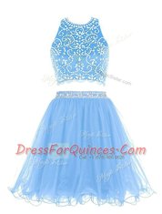 Beauteous Scoop Mini Length Blue Prom Dress Chiffon Sleeveless Beading