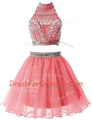 Mini Length Watermelon Red Prom Gown Chiffon Sleeveless Beading