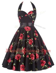 Classical Halter Top Knee Length Zipper Prom Party Dress Red And Black for Prom and Party with Sashes ribbons and Pattern