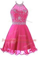 Superior Hot Pink Prom Gown Prom and Party and For with Beading Halter Top Sleeveless Zipper