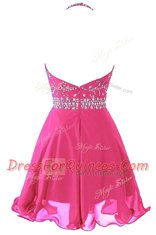 Superior Hot Pink Prom Gown Prom and Party and For with Beading Halter Top Sleeveless Zipper