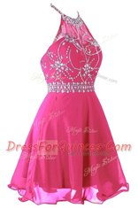 Superior Hot Pink Prom Gown Prom and Party and For with Beading Halter Top Sleeveless Zipper