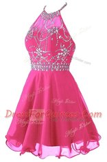 Superior Hot Pink Prom Gown Prom and Party and For with Beading Halter Top Sleeveless Zipper