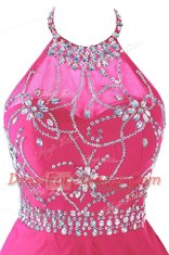 Superior Hot Pink Prom Gown Prom and Party and For with Beading Halter Top Sleeveless Zipper
