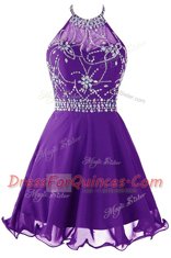 Purple Organza Zipper Halter Top Sleeveless Mini Length Prom Evening Gown Beading