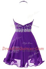 Purple Organza Zipper Halter Top Sleeveless Mini Length Prom Evening Gown Beading