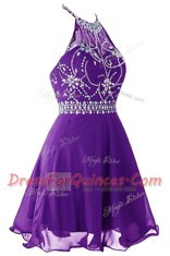 Purple Organza Zipper Halter Top Sleeveless Mini Length Prom Evening Gown Beading