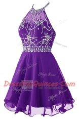 Purple Organza Zipper Halter Top Sleeveless Mini Length Prom Evening Gown Beading