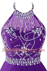 Purple Organza Zipper Halter Top Sleeveless Mini Length Prom Evening Gown Beading