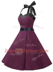 Affordable Dark Purple A-line Halter Top Sleeveless Chiffon Knee Length Zipper Sashes ribbons