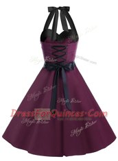 Affordable Dark Purple A-line Halter Top Sleeveless Chiffon Knee Length Zipper Sashes ribbons