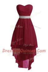 Burgundy Sleeveless Belt High Low Prom Dresses